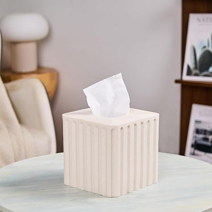 Striped White Sandstone Tissue Box Cover Square for Home Decor,Resin Heavy Tissue Box Holder for Bathroom Countertop,Tabletop,Bedside Table,Office (Handmade of Resin)