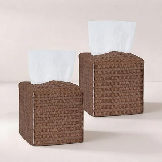 Tissue Box Cover 2-Pack, Square Tissue Holder with Bottom Belt, Modern Tissue Case Facial Paper Organizer Dispenser for Bathroom, Office, Home, Table, Car, Woven Pattern Brown