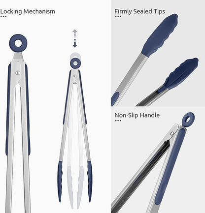 600ºF Heat Resistant Kitchen Tongs: U-Taste 12 inch Large Silicone Cooking Tong with Non Stick Rubber Tips & Silicon Coated 18/8 Stainless Steel Handle & Smooth Lock for Serving Grill (Midnight Blue)