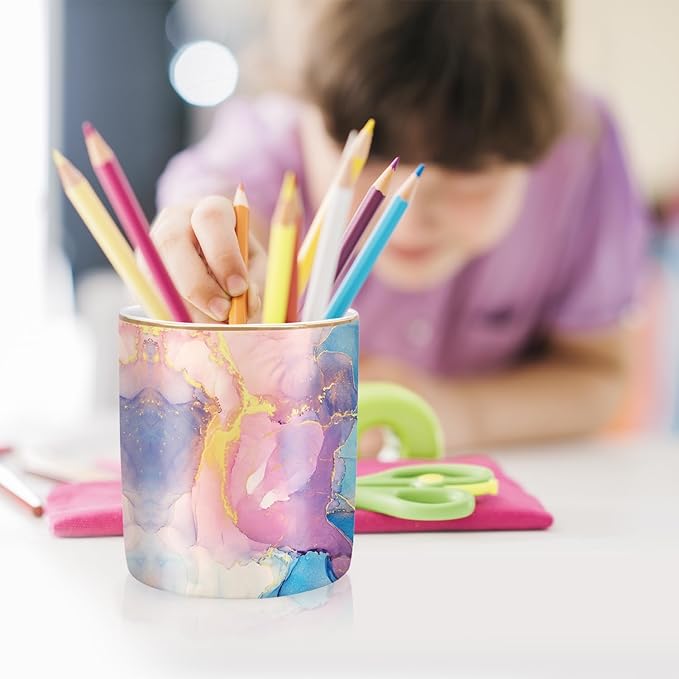 WAVEYU Cute Desk Pens Holder, Pencil Cup Holder for Desk, Ceramic Desktop Storage Pen Pencil Organizers Stationery Supplies for Office, Home, Gold Pattern