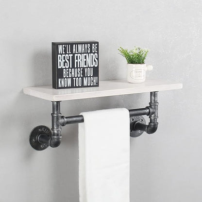 Industrial Pipe Shelf Bathroom Shelves Wall Mounted,19.6in Rustic Wood Shelf with Towel Bar,1 Tier Farmhouse Towel Rack Over Toilet,Pipe Shelving Floating Shelves Towel Holder,Retro White