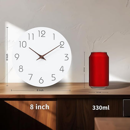 Mosewa Wall Clock Battery Operated 8 Inch White Silent Non Ticking Simple Minimalist Wooden Decorative for Kitchen Bathroom Bedroom Living Room Office