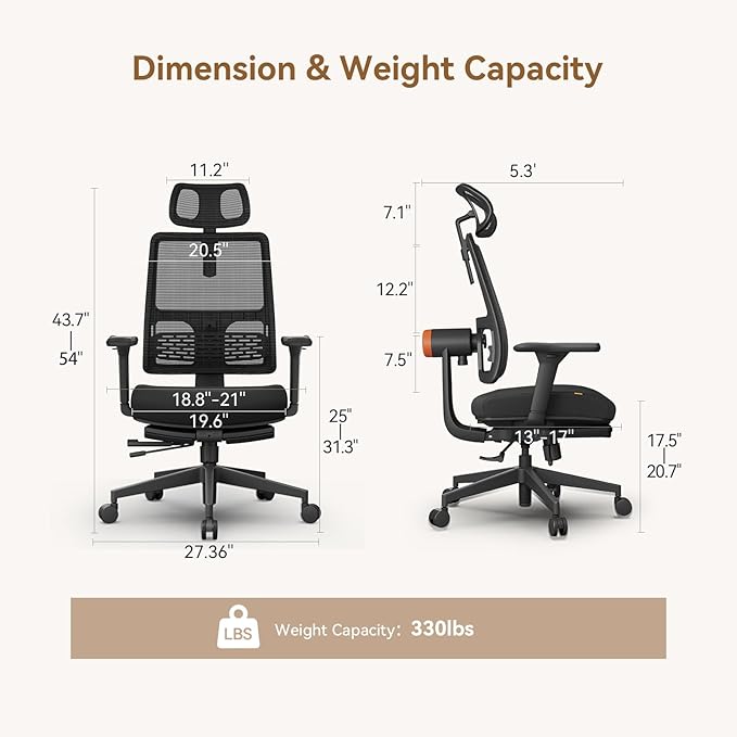 Newtral Ergonomic Mesh Office Chair with with Adaptive Lumbar Support, High Back Desk Computer Chair with 4D Adjustable Armrest, 136° Tilt Lock, Adjustable Seat Depth & Height(with Laptop Tray, Black)