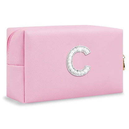 ChaoGreat Bride Gifts – Personalized Initial Makeup Bag with Pearl Rhinestone Patch, Preppy Pink Monogram Cosmetic/Toiletry Pouch, bridesmaid Gifts, Bridal Shower Gifts, Wedding Gifts, Bridal Gifts,C