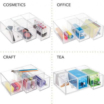 mDesign Plastic Kitchen Pantry Stackable Storage Organizer Container Station with 3 Drawers for Cabinet, Countertop, Holds Coffee, Tea, Sugar Packets, Creamers - Lumiere Collection - Clear