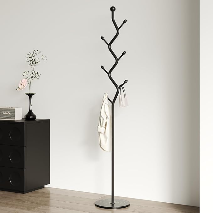 Creative Tree Branch-Look Coat Rack Freestanding with 6 Hooks & Sturdy Marble base Metal Clothes Hanger Stand for Entryway/Mudroom/Bedroom/Hallway/Home Office (Matte black)