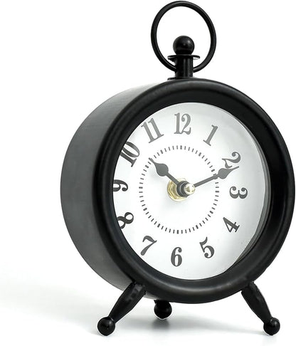 EMAX HOME Small Black Desk and Shelf Clock, 4.7*7.3 Inch Retro Elegant Tabletop Clock with Glass Cover, Silent Non-Ticking Battery Operated Decorative Clock for Living Room, Office, Bedroom, Gift Idea
