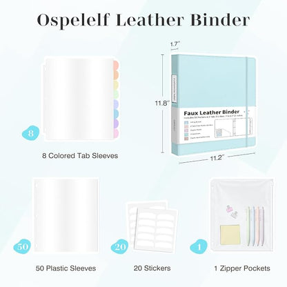Ospelelf Leather Binder with 58 Plastic Sleeves, 3 Ring Presentation Binder for 8.5x11, Portfolio Organizer with 8 Tabbed Sleeves & Zipper Pocket for Documeents, Artwork, Certificates Blue