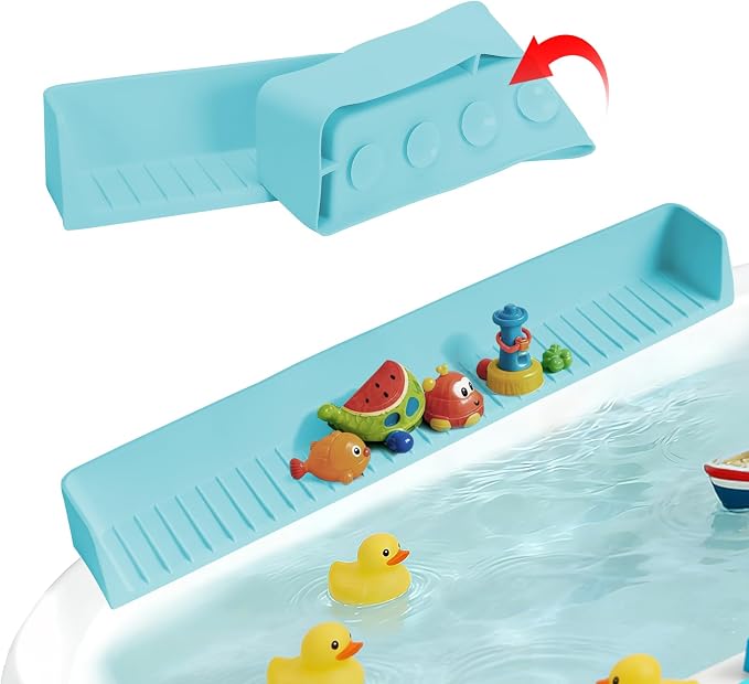 Bathtub Splash Guard for Tub Kids- 31" Extra Long Silicone Bath Play Shelf, Toy Tray & Caddy Holder, Prevent Water Spills & Messy Floors, Tub Edge Guard for Bathroom- Blue