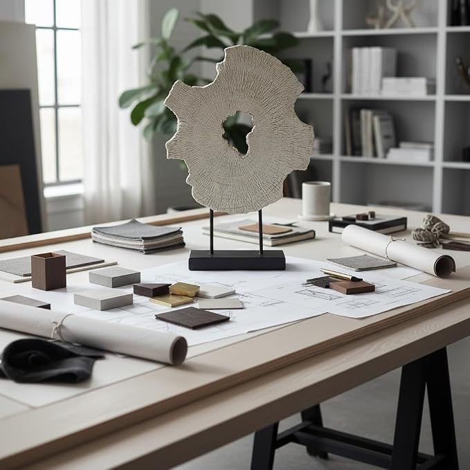 Modern Abstract Decorative Sculpture, Dining Living Room Desk Decor,Geometric Home Decor Statues,Shelf Top Decor Aesthetics, Wood Grain White