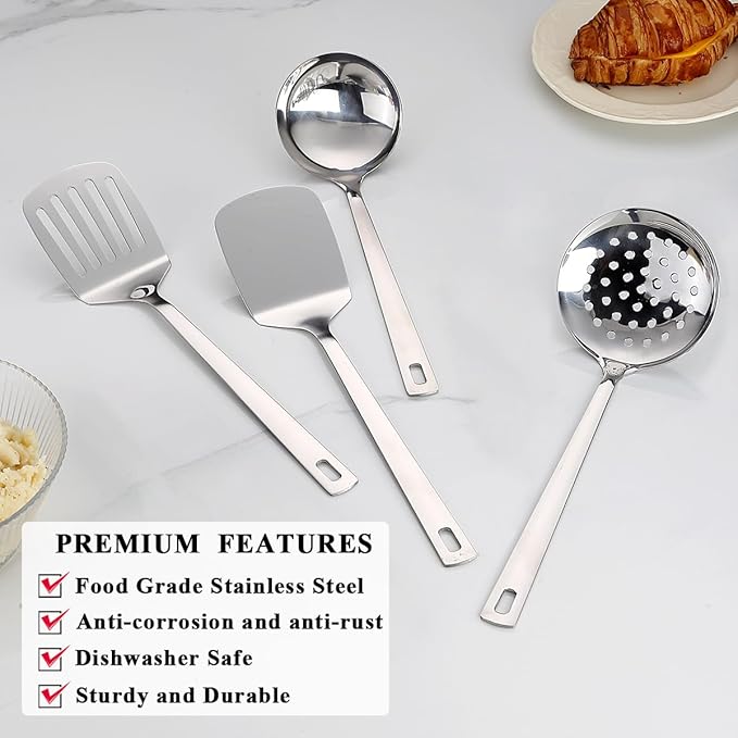 ReaNea Stainless Steel Kitchen Utensils Set, 4-Piece – Slotted Turner, Solid Turner, Skimmer & Ladle – Rust-Resistant, Long Handle, Hanging Loop, Dishwasher Safe – Everyday Cooking & Serving