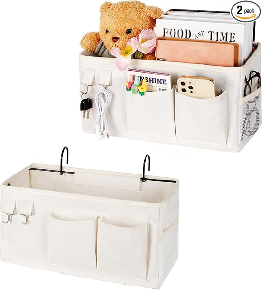 Bedside Caddy Bedside Organizer Hanging Storage Bag for Bunk College Dorm Bed and Hospital Beds with Magazine Water Bottle Phone Holder (2Pack White)