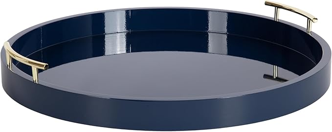Kate And Laurel Lipton Modern Round Ottoman Tray; 22 Inch Diameter; Navy and Gold; Decorative Circle Coffee Table Tray for Living Room Decor or Large Serving Tray
