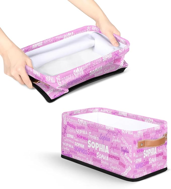 Personalized Small Storage Basket with Name, Pet Kids Toys Storage Bin with Handles for Shelf Home Closet Kitchen Countertop, Bright Pink Background with Colorful Names