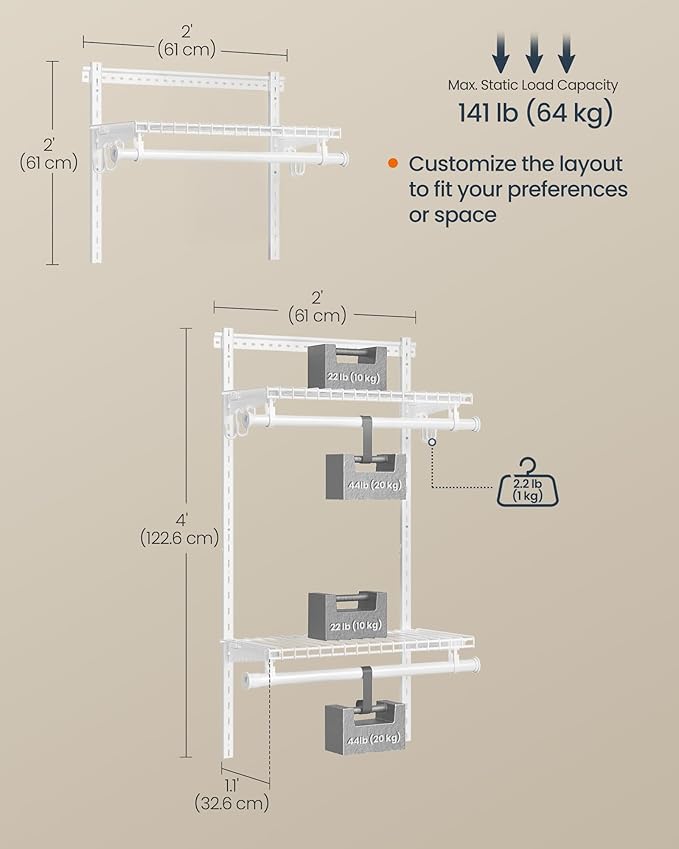 SONGMICS HOME Closet System, Closet Insert Organizer, 2-4 ft, Adjustable Metal Shelving Unit with 2 Hanging Rods, 2 Shelves, and Hooks, for Pantry Mudroom Garage Basement, Cloud White URGR030W01