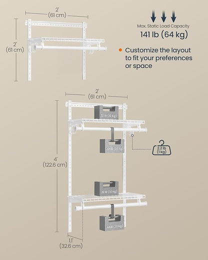 SONGMICS HOME Closet System, Closet Insert Organizer, 2-4 ft, Adjustable Metal Shelving Unit with 2 Hanging Rods, 2 Shelves, and Hooks, for Pantry Mudroom Garage Basement, Cloud White URGR030W01