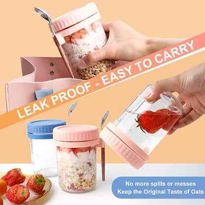 SUROQUE Overnight Oats Containers with Lids and Spoons - 4 Pack 16oz Glass Mason Jars, Leakproof Meal Prep Storage