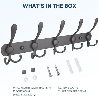 TICONN Wall Mounted Coat Rack, Five Heavy Duty Tri Hooks All Metal Construction for Jacket Coat Hat in Mudroom Entryway (Space Gray, 1-Pack)