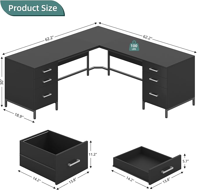 TVU 59’‘ L Shaped Desk with 6 Wood Drawers, Large Home Office Corner Computer Desk with Storage File Cabinet, Modern Metal Wood Desk for Executive Writing Study Workstation, Black