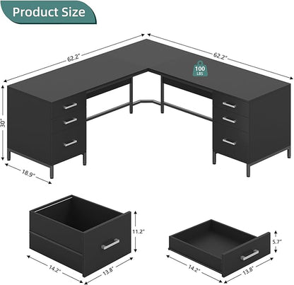 TVU 59’‘ L Shaped Desk with 6 Wood Drawers, Large Home Office Corner Computer Desk with Storage File Cabinet, Modern Metal Wood Desk for Executive Writing Study Workstation, Black