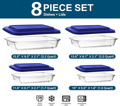 8-Piece Glass Baking Dish Set with Plastic lids,Rectangular Glass Bakeware Set with Lids, Baking Pans for Lasagna, Leftovers, Cooking, Kitchen, Freezer-to-Oven and Dishwasher, Blue