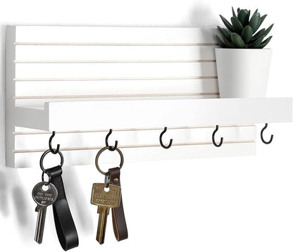 Decorative Key Holder for Wall with Shelf, Entryway Shelf with Hooks Holds Leashes, Jackets and Glasses – Sturdy Wood Keyholder Entrance Hanger with Mounting Hardware (White, Medium)