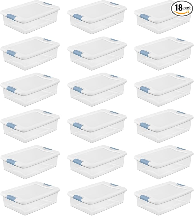 Sterilite 18-Pack Latching Box, Clear Plastic Under Bed Storage Bins with Lids, 32 Quart - Large Stackable Tote Organizer Containers for Closet, Bedroom, Bathroom, and Office Organization