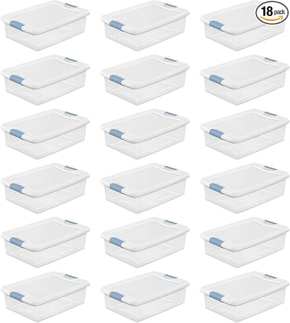 Sterilite 18-Pack Latching Box, Clear Plastic Under Bed Storage Bins with Lids, 32 Quart - Large Stackable Tote Organizer Containers for Closet, Bedroom, Bathroom, and Office Organization