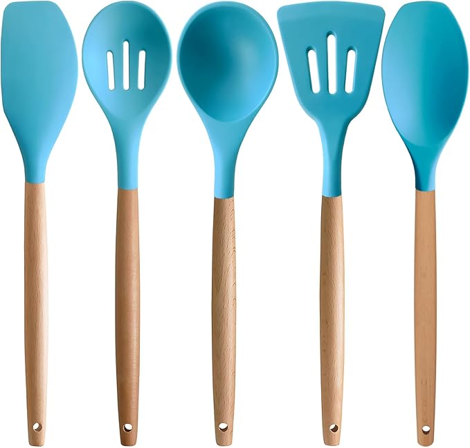 IOCBYHZ Silicone Kitchen Cooking Utensils Set, 5-Piece Non-Stick Silicone Kitchen Utensils Spatula Serving Spoons Turner Ladle Set w Wooden Handle Heat Resistant Cooking Gadgets for Nonstick Cookware