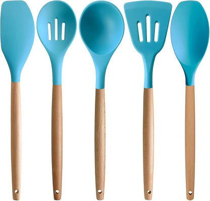 IOCBYHZ Silicone Kitchen Cooking Utensils Set, 5-Piece Non-Stick Silicone Kitchen Utensils Spatula Serving Spoons Turner Ladle Set w Wooden Handle Heat Resistant Cooking Gadgets for Nonstick Cookware