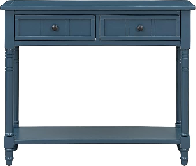 Knocbel Antique Entry Console Table with 2 Drawers & Bottom Open Shelf, Wood Sofa Tables for Entryway Hallway Living Room, 35.34" W x 13.8" D x 30.25" H, Dark Navy