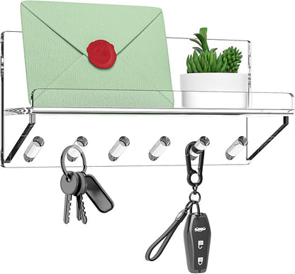 Decorative Wall Key Holder - Acrylic Mounted Key Hooks with Shelf, Entryway Rack, Mail Organizer, Living Room Decor (Clear)