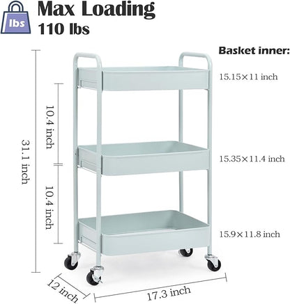 TOOLF 3-Tier Rolling Cart - Metal Utility Storage Organizer with Lockable Wheels, 33 lbs Per Shelf, Tool-Free 5-Min Assembly, for Kitchen Bathroom Office Nursery Craft Room, Green