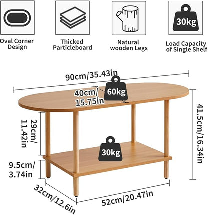Aibiju Wooden Tea Table Small Coffee Table, 2 Tier Coffee Table for Living Room, 35x16x17inch Tea Table Stand with Storage Shelf Natural Wood Color YD-012N