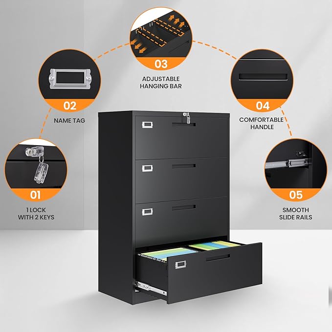 4 Drawer File Cabinets for Home Office, Metal Filing Cabinet with Lock, Black Locking File Caninet Four Drawer, Office Storage Caninets Steel Cabnet for Letter/Legal/A4/F4-Assembly Required