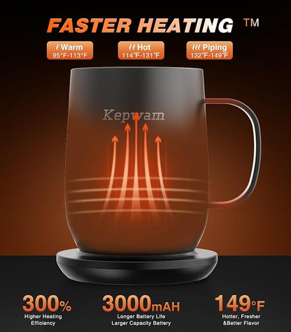 Kepwam Self Heating Coffee Mug T2, 16oz Smart Heated Coffee Mug, 150 Min Battery Life - Hot up to 149℉ Temperature Control Coffee Mug Warmer, Gifts for Dad Mom (No APP)