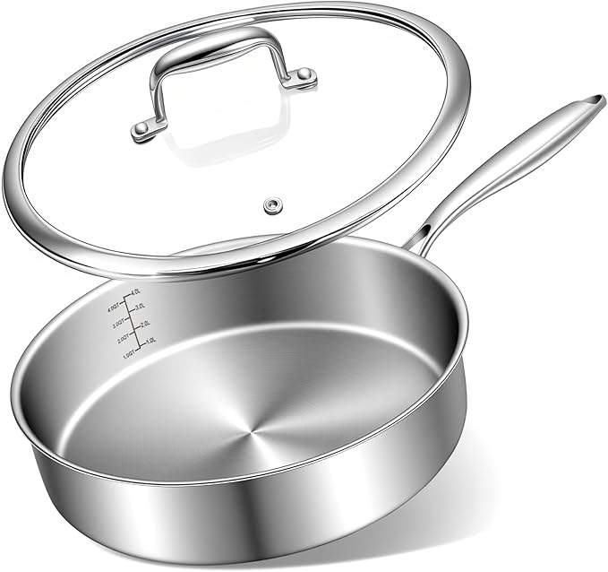 EWFEN 12 Inch Tri-Ply Stainless Steel Frying Pan, Compatible with All Cooktops Up to 600℉, Large Frying Pan with lids, Induction-Ready Skillet, Dishwasher and Oven Safe, Even Heat, 12" Saute Pan+Lid