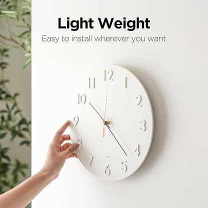 mooas 3D Numbers Modern Wall Clock, 12" Silent Non-Ticking Sweep Movement Decorative Battery Operated Analog Wall Clock for Home Décor Living Room Kitchen Bedroom Office School Hotel (Cream)