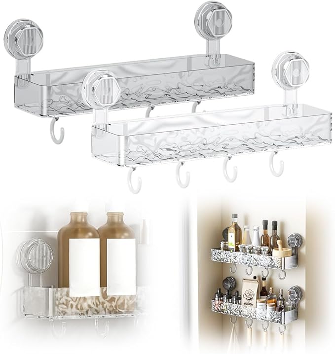 Corrugated Suction Cup Storage Holder, 2026 New Movable Shower Shelf Suction Cup,Shower Caddy Large Capacity Bathroom Organizer,No-Drill Wall-Mounted Storage Shelf (Clear + Gray)