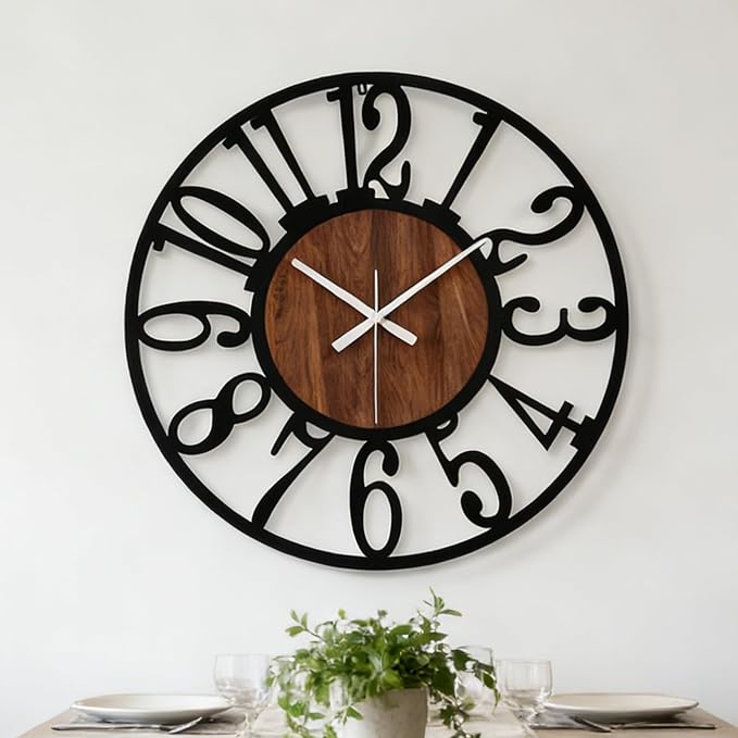 Industrial Modern Vintage Wood Wall Clock with Iron Frame & Artful Cutout Numerals, Non Ticking Battery Operated, Decorative for Farmhouse Living Room Office Kitchen Home Décor, 16 Inch