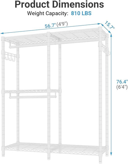 VIPEK V4 Garment Rack for Hanging Clothes, Portable Wardrobe Freestanding Closet Organizer, Heavy Duty Clothes Rack Metal Clothing Rack with 3 Hanging Rods & 2 Side Hooks, Max Load 810lbs, White