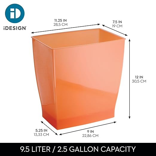 iDesign Small Plastic Bathroom Trash Can, Slim Rectangle Garbage Bin for Bedroom, Office, Dorm, Orange