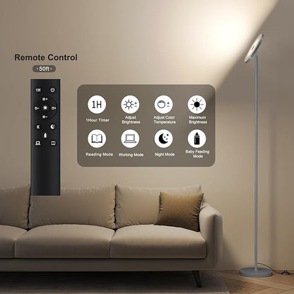 SUNMORY Floor Lamps for Living Room, 32W/3000LM Super Bright LED Floor Lamp with Remote Control, 69" Tall Standing Lamp with Stepless Dimmable, Modern Torchiere Corner Lamp for Bedroom, Office Grey