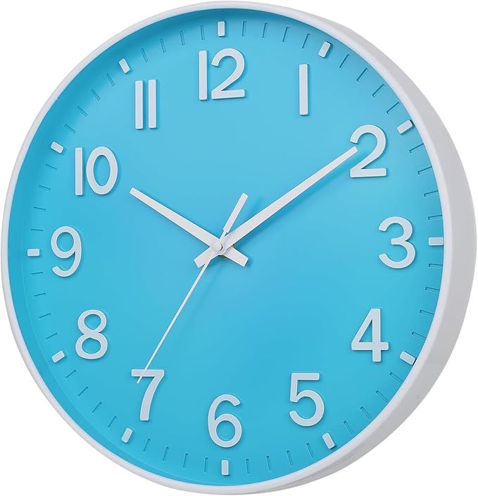 HZDHCLH Wall Clocks Battery Operated,Wall Clock Blue and White 10 inch Wall Clock Silent Non Ticking Modern 3D Numbers for Office Kitchen Classroom Bedroom Living Room Decor