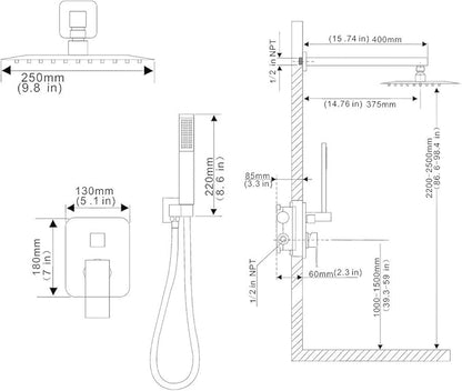Matte Black Shower System YCAIKOI Wall Mount Shower Faucet Set for Bathroom 10 Inch High Pressure Luxury Shower Head with Handheld, Rough-in Valve Body and Trim Included