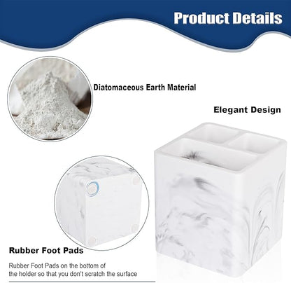 Diatomite Toothbrush Holders for Bathrooms, Electric Toothbrush and Toothpaste Holder 3 Slots Tooth Brush Organizer for Bathroom Countertop, Shower, Vanity, 2 Pack, Marble White