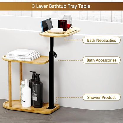 3 Layer Bathtub Tray Table,Bamboo Swivel Bathtub Side Table Height Adjustable,Freestanding Bathtub Tray for Tub Against Wall,Bathtub Accessories&Bathroom Organizer for Luxury Home Spa (Natural)
