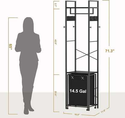 Coat Rack with Laundry Basket, Laundry Hamper Freestanding Hall Tree, Clothes Rack with Storage Shelves, 14.5 Gal Removable Bags on Wheels, Black JLH005B