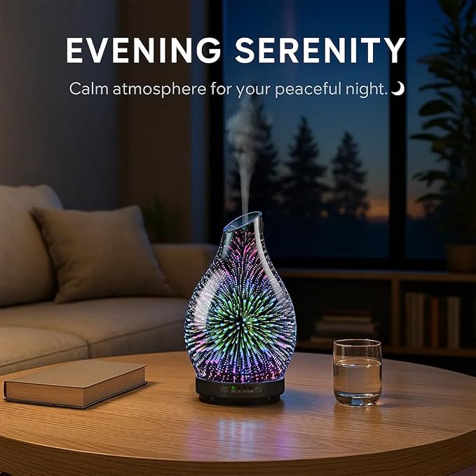 Essential Oil Diffuser & Essential Oils Set, Glass Aromatherapy Diffuser with 7 LED Colors, 6 Oils Gift Pack (Clean Home, Peppermint, Blossom Soapy, Soft Powder, Fresh Cotton, Fresh Linen)