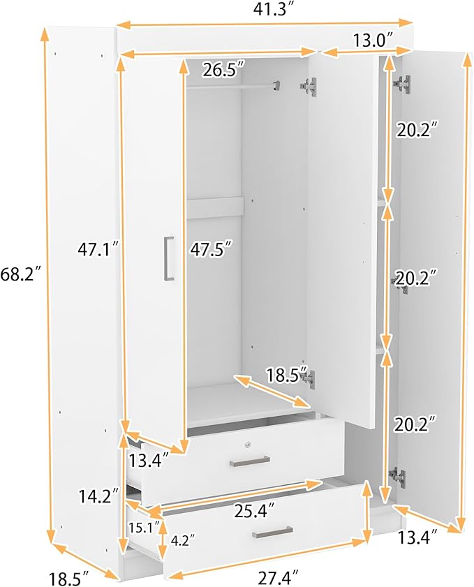 3 Door Wardrobe Cabinet Closet with Storage Drawers, Shelves and Hanging Rail for Clothes, Bedroom Organizer